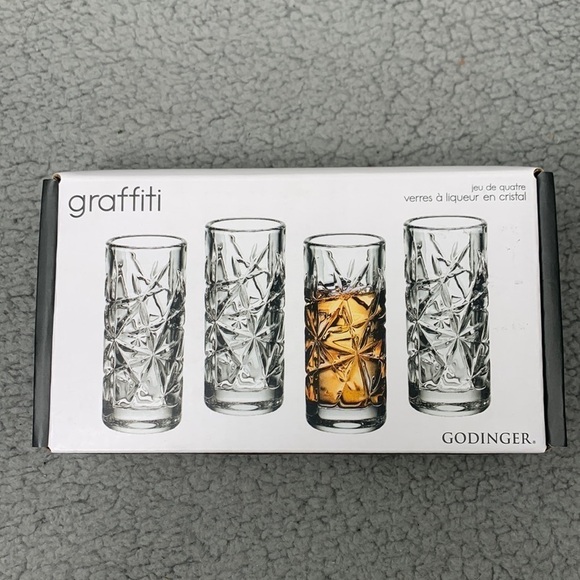 Godinger Graffiti Set of Four Crystal Shot Glasses - Clear, 2oz NIB - Picture 1 of 6